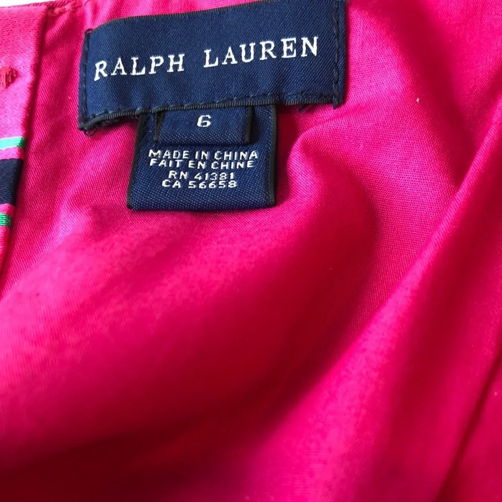 Ralph Lauren Pink Dress Blue Green Stripe Belt Covered Buttons Lined Girls 6 EUC